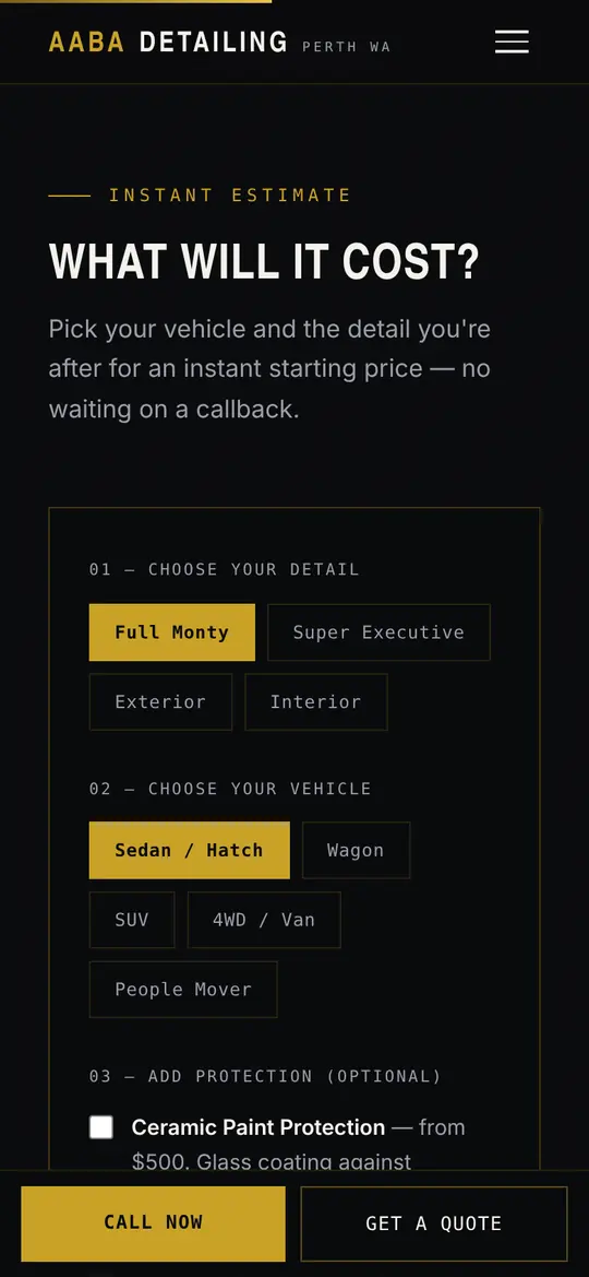 The AABA price estimator, with buttons to choose a detail package and vehicle type