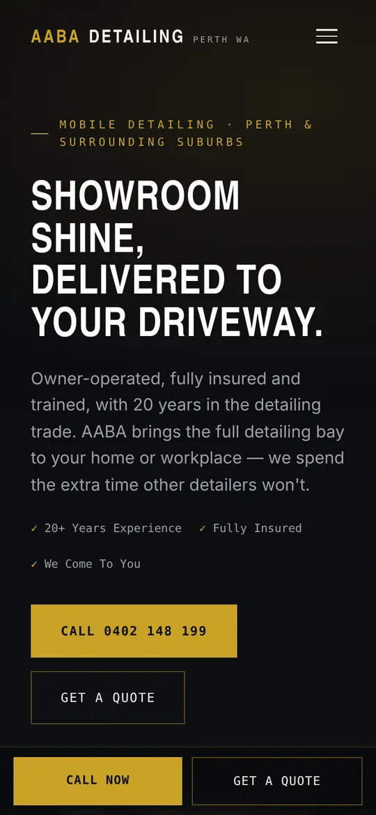 The AABA Detailing home page on a phone, with the headline Showroom shine, delivered to your driveway