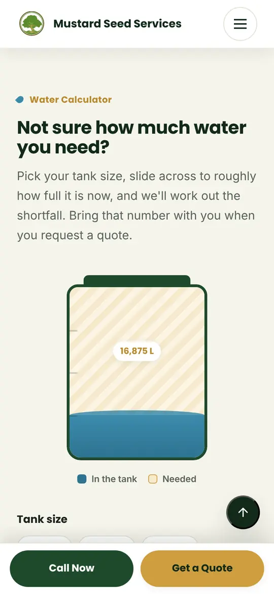 The Mustard Seed water calculator, showing a tank graphic and 16,875 litres needed
