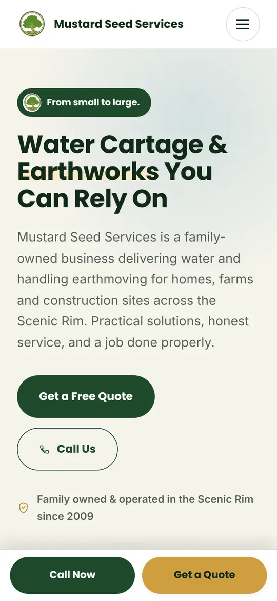 The Mustard Seed Services home page on a phone, with the headline Water Cartage and Earthworks You Can Rely On