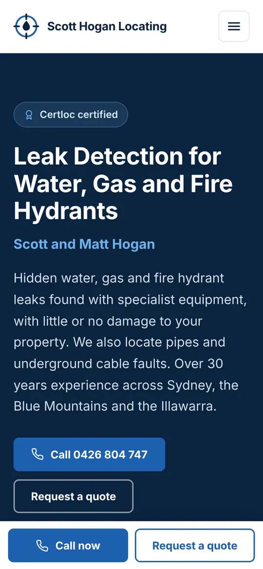 The Scott Hogan Locating home page on a phone, with the headline Leak Detection for Water, Gas and Fire Hydrants