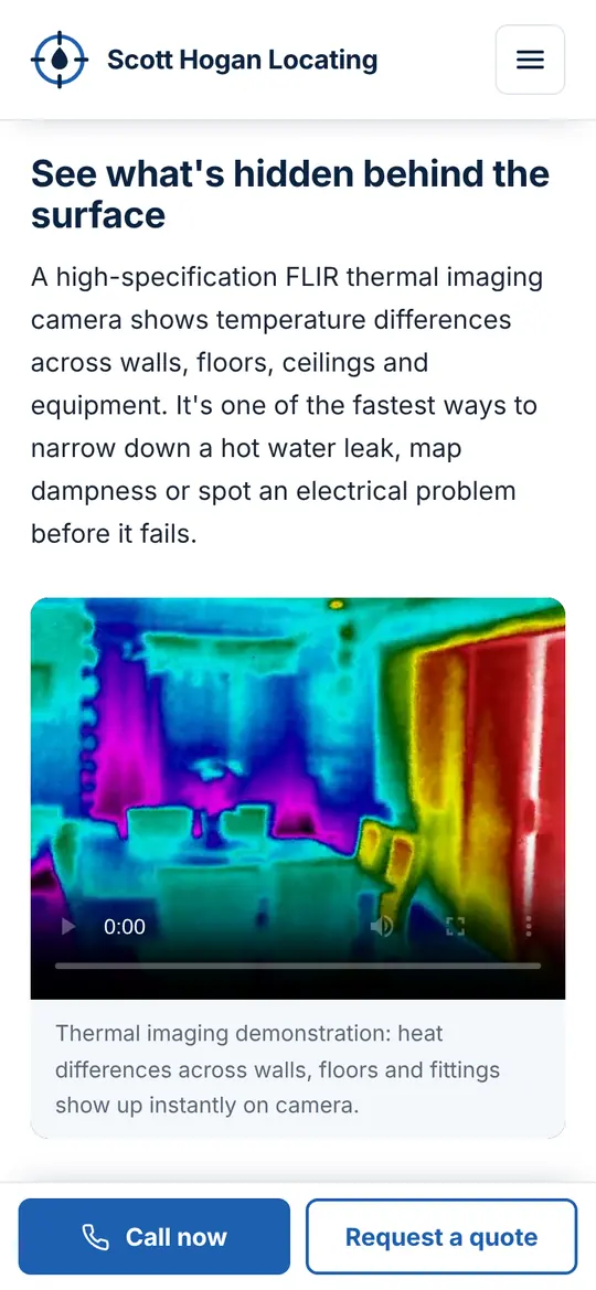 The Scott Hogan Locating thermal imaging page, showing a colourful thermal camera video